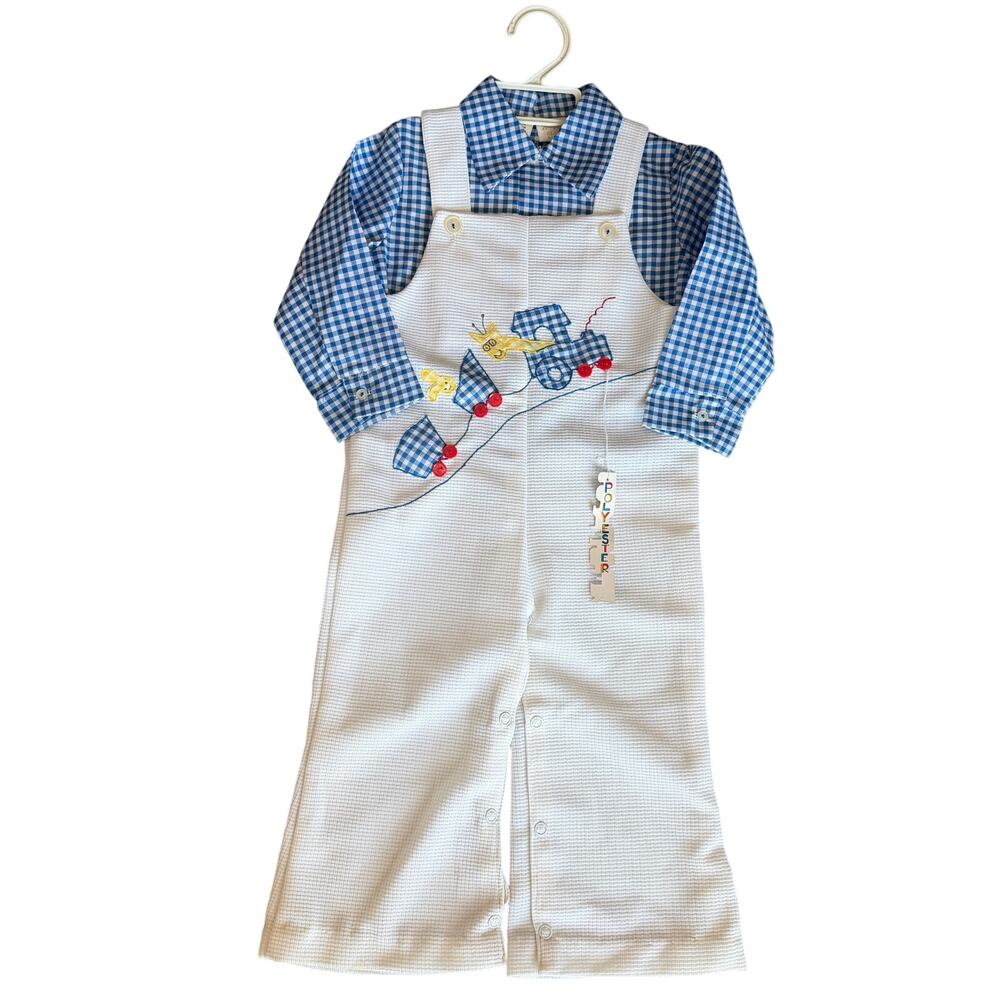 Vintage Baby Togs 24M Train Applique Romper Set Blue Gingham Shirt Overalls NOS